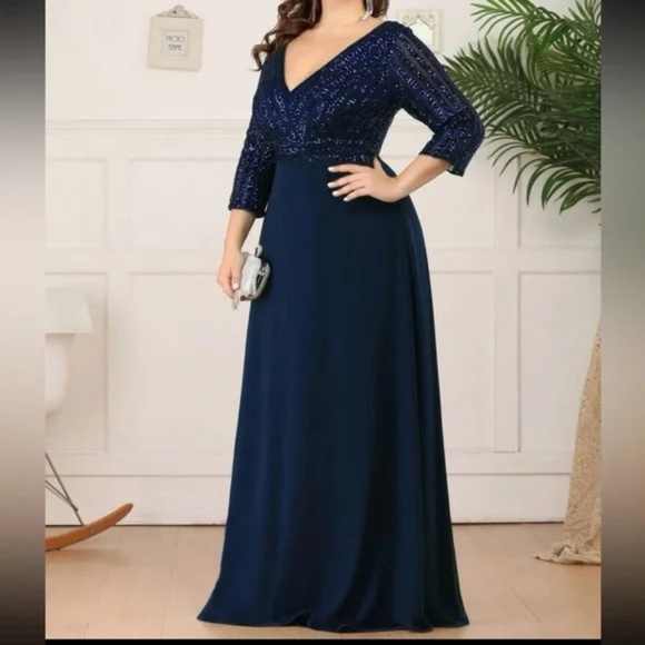 Plus sequin 3/4 sleeve Formal Prom Evening Party Wedding Dress - Picture 8 of 10